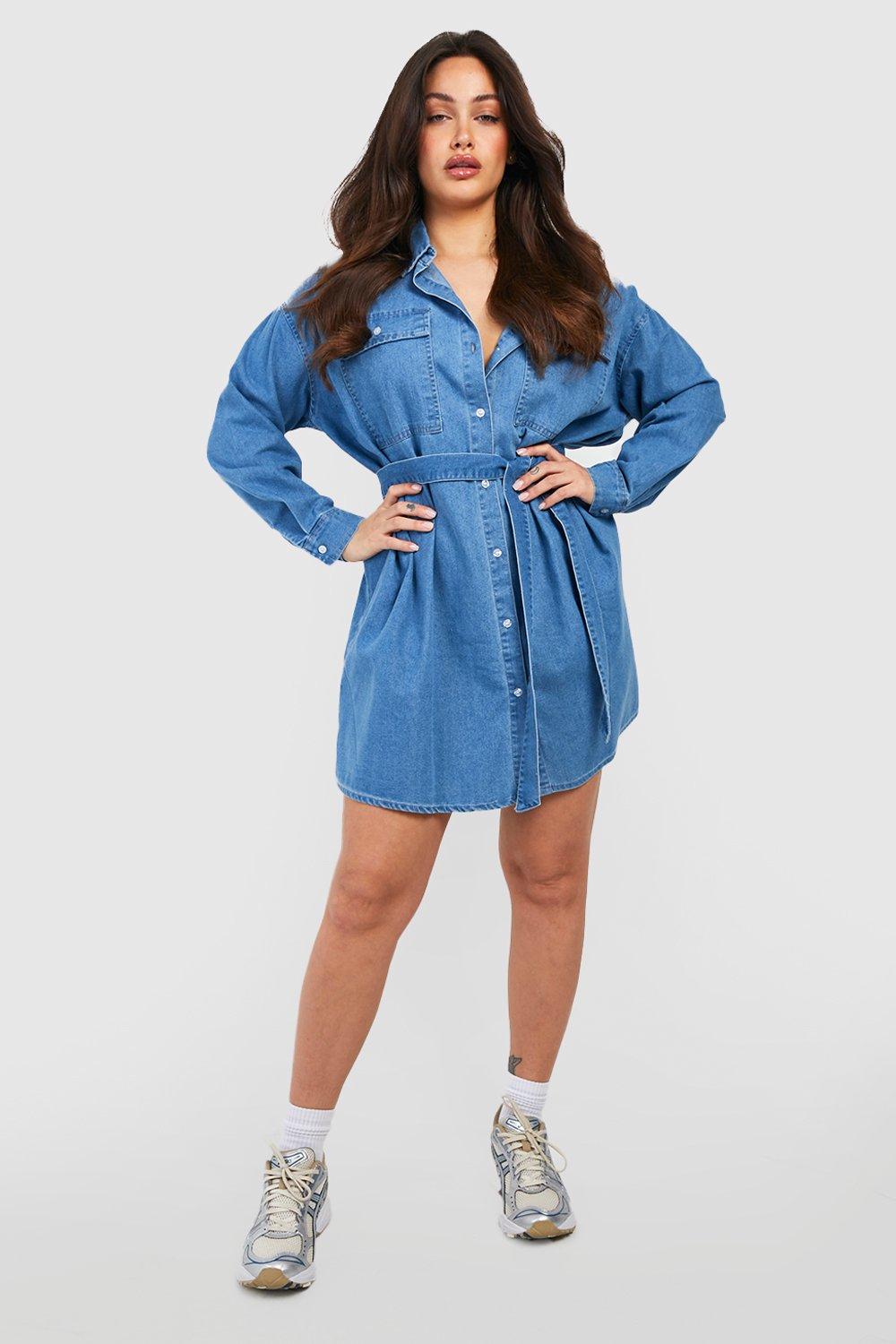 Plus Denim Tie Belt Shirt Dress